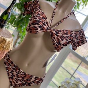 Leopard print off the shoulder bathing suit.